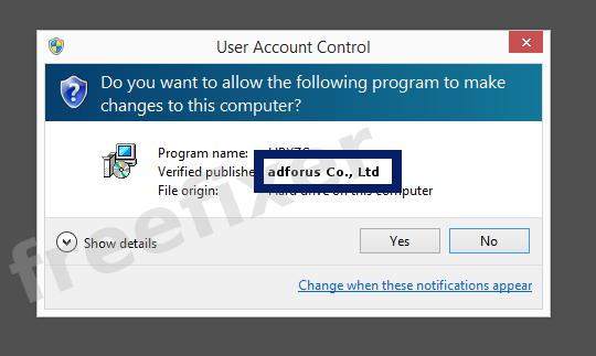 Screenshot where adforus Co., Ltd appears as the verified publisher in the UAC dialog